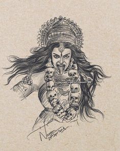 a drawing of a woman with long hair and tattoos on her face, wearing an elaborate headdress