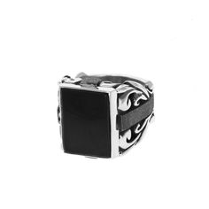 Product shot of Statement Scroll Ring w/ Square Inset Onyx Black Rings With Natural Stones For Gift, Luxury Adjustable Black Rings, Modern Black Ring With Rectangular Stone, Modern Black Jewelry With Rectangular Stone, Black Rings With Large Stone For Gift, Black Onyx Jewelry With Large Stone, Spiritual Black Rings, Black Ring With Large Stone For Gift, Black Rectangular Spiritual Jewelry