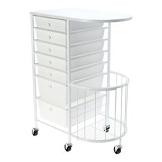 a white cart with drawers and wheels on it's sides, in front of a white background