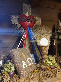 an arrangement of wheat stalks and other decorations