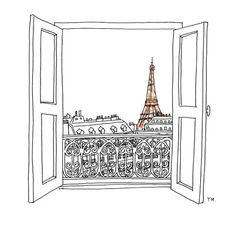 the eiffel tower is seen through an open door in this hand drawn drawing