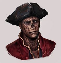 a drawing of a man with a pirate hat on top of his head and wearing a red jacket