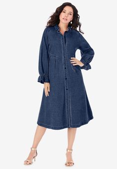 <div>An updated take on our relaxed and easy shirtdress, made in supersoft denim with a shirt collar and button-front design. Ruffle-trim elastcized blouson</div> Button Front Dress, Denim Shirt Dress, Swimsuits For All, Button Dress, Shirtdress, Dress Suits, Shirt Collar, Front Design, Ruffle Trim