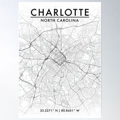 a black and white poster with the name charlotte, north carolina on it's map