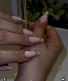 Nails For Special Occasion, French Manicure On Round Nails, Subtle Nails Almond, Holiday Nude Nails, Fiancé Nails, Ew Years Nail Ideas, Hollow French Tip Nails, Glazed Nails French Tip, Nefertiti Nails