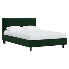 a green bed frame with white sheets and pillows on top of the headboard, in front of a white background