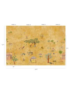 an image of a wall mural with animals and trees in the desert, on yellow background