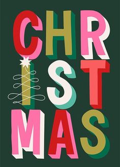 the words christmas are made up of different colors and font styles on a black background