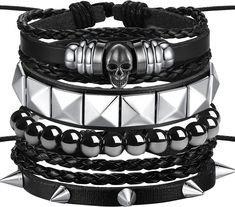 PRICES MAY VARY. Punk Rock: Sahoottie punk bracelets are suitable for men and women who like punk, gothic and rock styles. You can wear one of the bracelets alone, or wear multiple bracelets, or even match them with other different bracelets to show your unique personality aesthetic. Size: The emo bracelet size is 6.8-7.4 inches, the snaps of the leather bracelet are adjustable, and the beads are designed with elastic ropes. You can adjust the size by changing the position of the snaps. The conv Bracelet Grunge, Punk Rock Concert, Punk Bracelets, Rock Bracelets, Edgy Bracelets, Personality Aesthetic, Emo Jewelry, Different Bracelets, Studded Bracelet