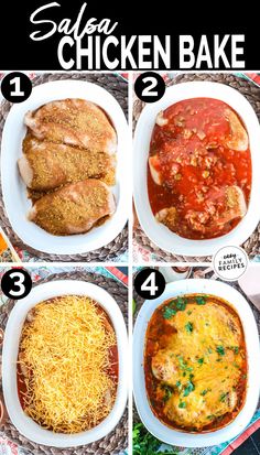 the steps to make stuffed chicken bake are shown in four different pictures, including one with