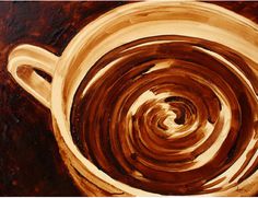 a painting of a coffee cup with the words, i love coffee and it's swirls