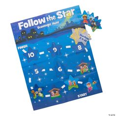 a blue poster with stars and numbers on it that says follow the star scavenger hunt