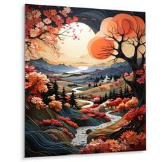 a painting with trees and flowers in the foreground, an orange sky above it