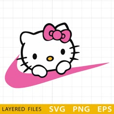 a hello kitty sitting on top of a pink nike shoe with the words, layered files svg png eps