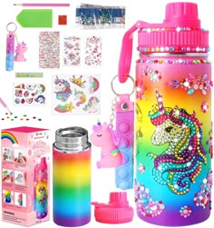 the unicorn water bottle is next to other items and accessories for making it look like they are