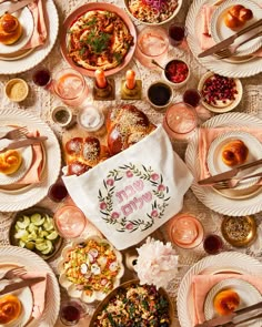 an overhead view of a table full of food