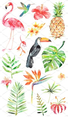 watercolor painting of tropical plants and birds with pineapples, palm leaves, flamingos, hibises