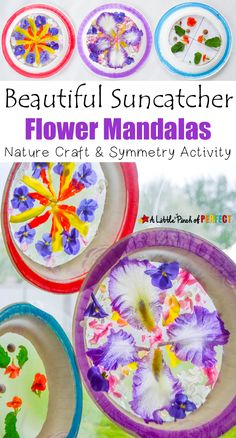 colorful paper plates with flowers on them and the words beautiful suncather flower manias