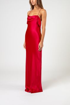 Bias gown with cowl and ruffles in pure silk satin. Features delicate spaghetti straps. Fully lined in silk. Imported. Composition: 100% silk Girl Prom, Cute Formal Dresses, Fancy Fits, Red Silk Dress, Adventure Seeker, Prom Inspo, Prom 2024, Prom Queen, Dream Dresses