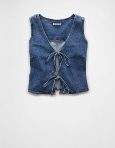 AE Denim Bow Tie Vest Fitted Denim Vest, Fun Clothes Aesthetic, Denim Vest Diy, Denim Tops Women, Cute Style Outfits, Winter Vest Outfits, Denim Outfits For Women, Denim Top Outfit, Red White And Blue Outfits