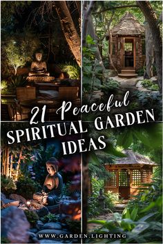 a collage of photos of a garden with a gazebo and a gazebo Spiritual Garden Ideas, Outdoor Meditation, Spiritual Garden, Body Glow, Witch Garden, Gothic Garden, Meditation Garden, Backyard Diy Projects, Finding Inner Peace