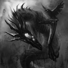 a black and white photo of a dragon with its head on the back of another dragon