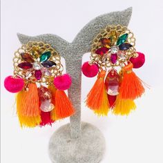 Large Statement Style Ethnic Indian Pakistani Earrings. With Sparkling Colorful Rhinestones And Multi-Color Tassels, Mandala Symbol. Definitely A Compliment Catcher, Or At Least Head Turns. Truly Traditional Ethnic Statement. Free Gift Fast Shipping Statement Earrings, Dangle Earrings, Wedding Set, Bridal, Mehndi Haldi, Mayun Dress, Haldi Dress, Sangeet, Desi Earrings, Ethnic Earrings, Tassel Earrings. Pakistani Jewelry, Afghani Earrings, Indian Jewelry, Wedding Set. Festive Bohemian Jeweled Earrings, Bohemian Jeweled Crystal Earrings For Party, Bohemian Jeweled Beaded Drop Earrings, Festive Multicolor Earrings, Bohemian Orange Tassel Earrings For Party, Orange Bohemian Earrings For Festive Occasions, Traditional Tassel Earrings For Party, Festive Party Beaded Latkan Earrings, Pink Traditional Beaded Earrings For Party