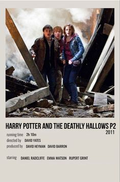 harry potter and the deathly hallows movie poster with two people standing in rubble