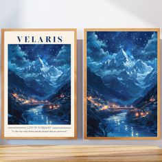 two framed posters depicting the night sky and mountains