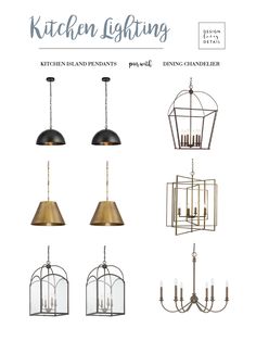 an image of kitchen lighting fixtures in various styles and colors, including chandeliers