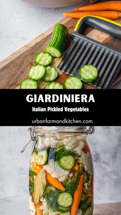 there is a jar filled with vegetables and the words giardiera italian pickled vegetables