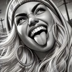 a black and white drawing of a woman with her tongue hanging out to the side