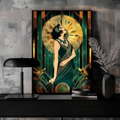 an art deco poster with a woman in a green dress on a table next to a lamp