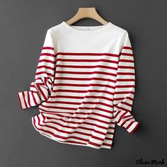 Olivia Mark - Premium Cotton Striped Long-Sleeve Base Shirt for Customers Basic Long Sleeve Shirt, Layer Shirt, Sleeve Stencil, Long Sleeve Blouses, Embellished Collar, Stripe Long Sleeve, Basic Shirts, Red And White Stripes, Striped Long Sleeve