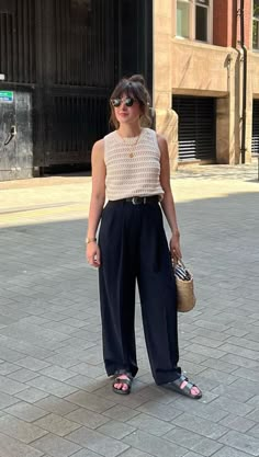 Comeing Soon 😊 Scandinavian Work Outfit Summer, Navy Linen Trousers Outfit Women, Dark Jeans Summer Outfit, Grey Linen Trousers Outfit, Mid Size European Fashion, Black Slacks Outfit Summer, Dallas Style Outfits, Drinks Outfit Evening Casual Summer, Casual Jean Work Outfits