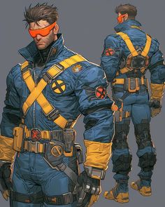 two men in blue and yellow uniforms standing next to each other with orange eye patches on their faces