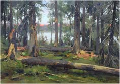 an oil painting of trees in the woods