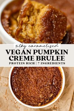 vegan pumpkin creme brulee in a white bowl with text overlay