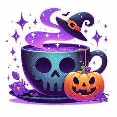 a tea cup with a skull in it and a witches hat on top is surrounded by stars