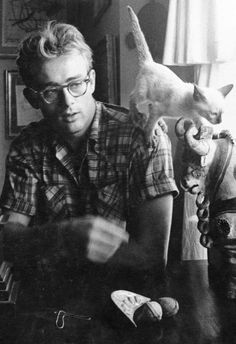 a man sitting at a table with a cat on top of his head and a keyboard in front of him