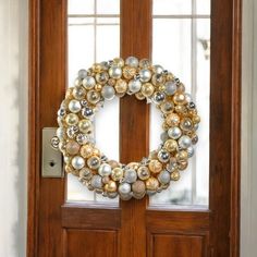 Champagne Ball Ornament Wreath- 24-in - Mellow Monkey Elegant Gold And Silver Wreath, Cream Colored Christams Wreath Front Doir, 19” Ornament Wreath, Holiday Toys, Mirrored Furniture, Animal Books, Ball Ornaments, Baby Games, Candle Gift