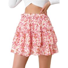 Simple and cute, this skirt is complete with floral print, layered ruffle hem, and elastic high waist.Enchanting blooms sweeten this mini skirt. Add a completely cute and unique vibe to your look with this floral mini skirt.This skirt is suitable for going to the beach, which is unique and cool, attracting people’s attention.Perfect to pair with sandals or high heels for a sweet look. Size: medium. Color: pink. Gender: female. Age Group: adult. Material: Polyester. Mini Skirt Pink, Cherry Print Dress, Wide Leg Romper, Going To The Beach, A Line Mini Skirt, Floral Mini Skirt, Uk Clothing, Mini Short, Cute Skirts