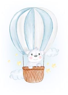 a watercolor drawing of a bear in a hot air balloon