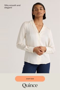 Take your collared look up a notch. We made this notch collar blouse with a relaxed, slim fit with a clean and crisp look for an everyday appeal. Perfectly made to be layered or worn solo. Plus, silk fiber contains 18 kinds of amino acids that make it amazing for skin nourishment, hypo-allergenic, and naturally thermoregulating to help maintain body temperature. Also offered in sizes 1X-3X.  | Quince | Women's 100% Washable Silk Stretch Notch Collar Blouse in Ivory, Size Medium Cream Collared Shirt For Work, Classic Cream Blouse For Workwear, Classic Cream Blouse With Relaxed Fit, Classic Cream Blouse For Work, Classic Blouse With Lapel Collar, Cream Spread Collar Tops For Workwear, Classic Cream Tops For Workwear, Classic Cream Tops For Work, White Blouse With Lapel Collar