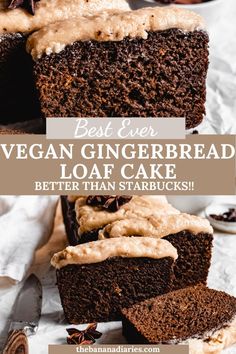 the best ever vegan gingerbread loaf cake with frosting on top is cut into slices