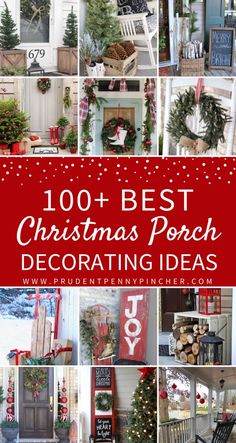 christmas porch decorating ideas with red and white accents, including wreaths, trees, stockings