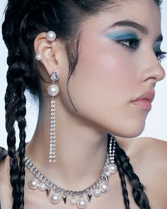 Materials: Rhodium plated brass, Swarovski faux pearl Length: 1.7" / 4.3cm Made in NYC RR070-02 Hair Jewels, Caged Sandals, Bold Accessories, Neon Purple, Cuff Rings, Fringe Earrings, Visual Merchandising, Luxury Accessories, Blue Cream