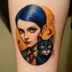 a woman with blue hair has a cat on her thigh and is wearing a suit