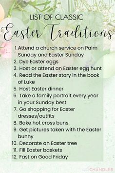 an easter egg hunt list with the words, list of classic easter traditions on it