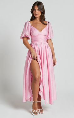 Dorothea Midi Dress - V Neck Puff Sleeve Ruched Bust in Pink | Showpo USA Cheap Spring Midi Dress With Puff Sleeves, Cheap Printed Pink Midi Dress, Luxury Flowy Pink Midi Dress, Cheap Pink Dress With Ruffle Sleeves, Pink Dress With Tumpet Sleeves, White Dress With Pink Shoe, Rose Pink Dress With Sleeves, Carries Pink Dress, Cheap Pink Dress For Vacation